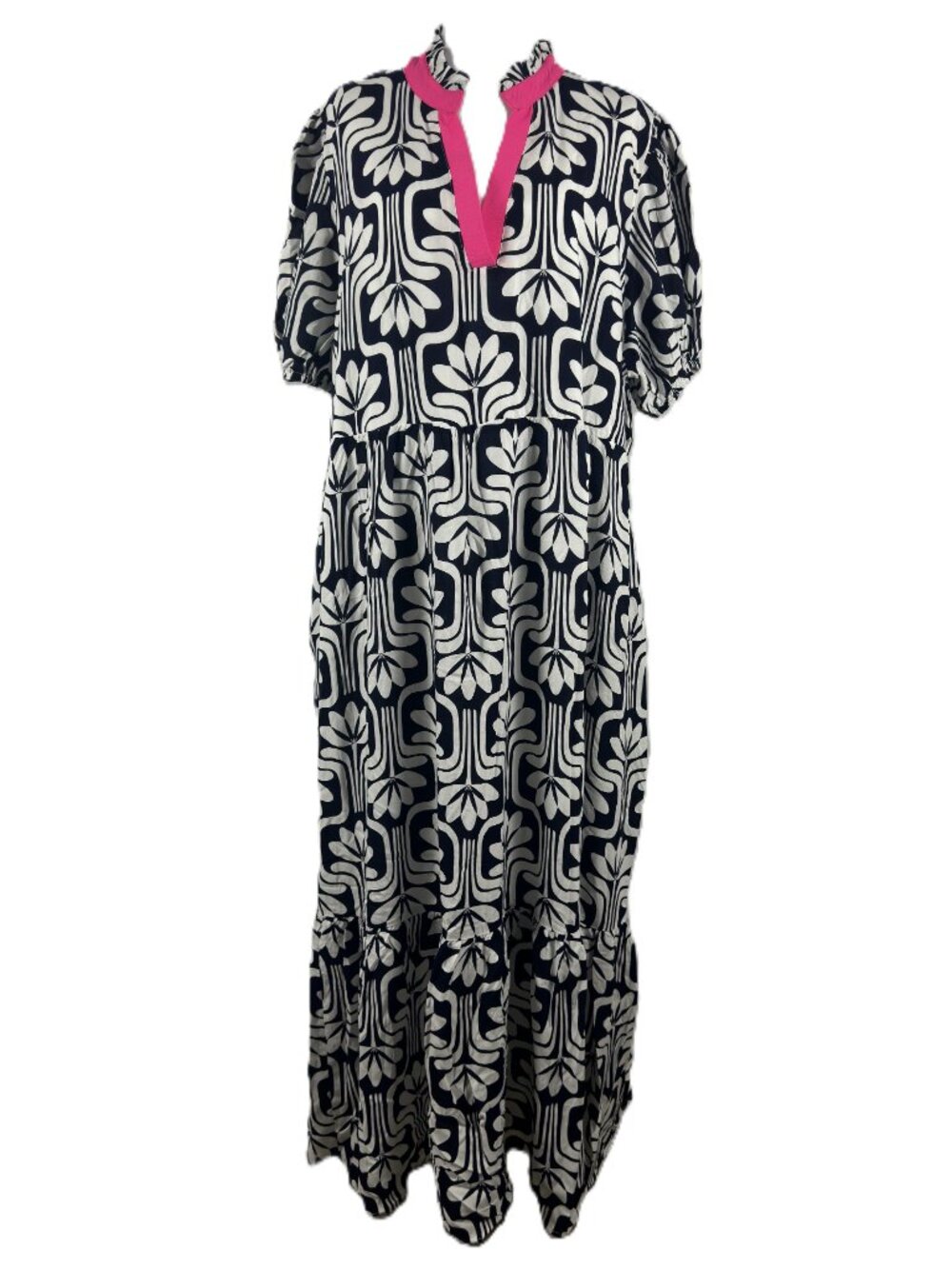 NWT Geometric Floral Dress – Navy/White & Pink Trim – Size 2X Plus Resort Wear - Picture 2 of 12